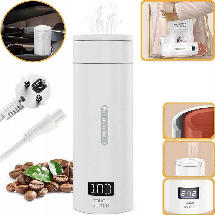 PODRÓŻNY MAŁY CZAJNIK ELEKTRYCZNY Z REGULACJĄ TEMPERATURY, KUBEK PODRÓŻNY