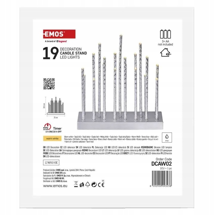 Świąteczny świecznik srebrny 19 LED 28 cm 3x AA ciepła biel IP20 timer EMOS
