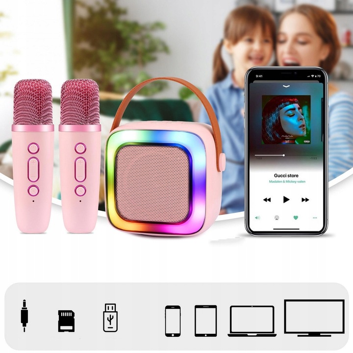 2 MIKROFONY USB JACK GŁOŚNIK PRZENOŚNY ZESTAW DO KARAOKE RGB BLUETOOTH