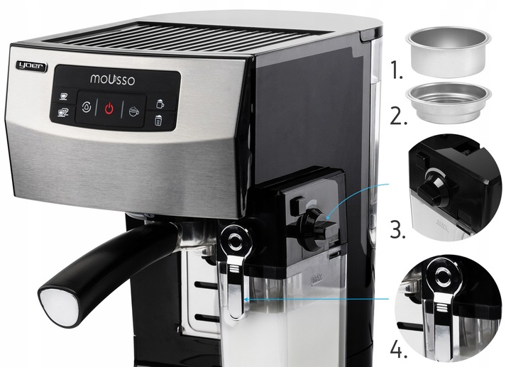 Ekspres do kawy Ciśnieniowy Automatyczny Yoer INOX 20bar + Spieniacz Mleka