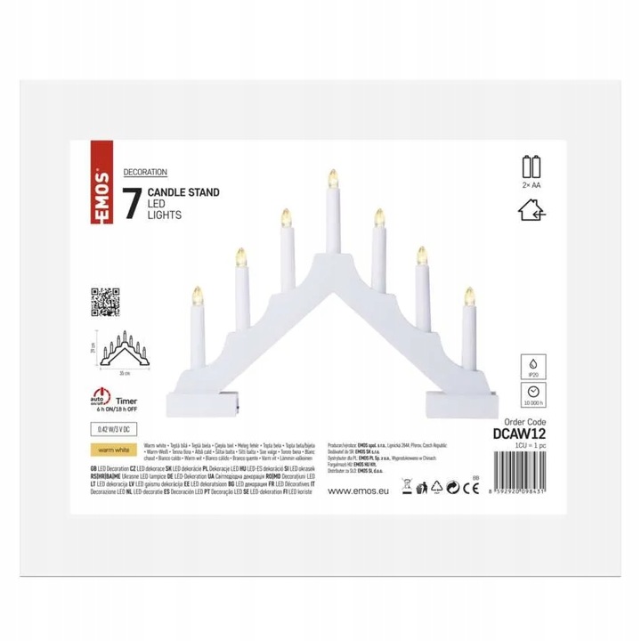 Świecznik świateczny biały drewniany 7LED 29cm 2xAA ciepła biel IP20 timer
