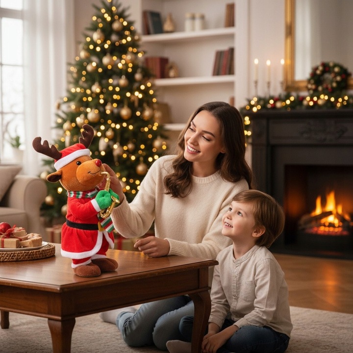 TAŃCZĄCY RENIFER W STROJU MIKOŁAJA Z SAKSOFONEM GRAJĄCA OZDOBA ŚWIĄTECZNA