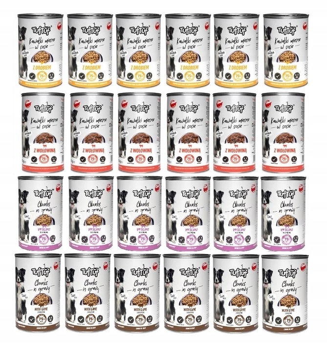 MOKRA KARMA DLA PSA 75% MIĘSA KAWAŁKI W SOSIE TUF TUF MIX 24x415 g. 9,96 kg