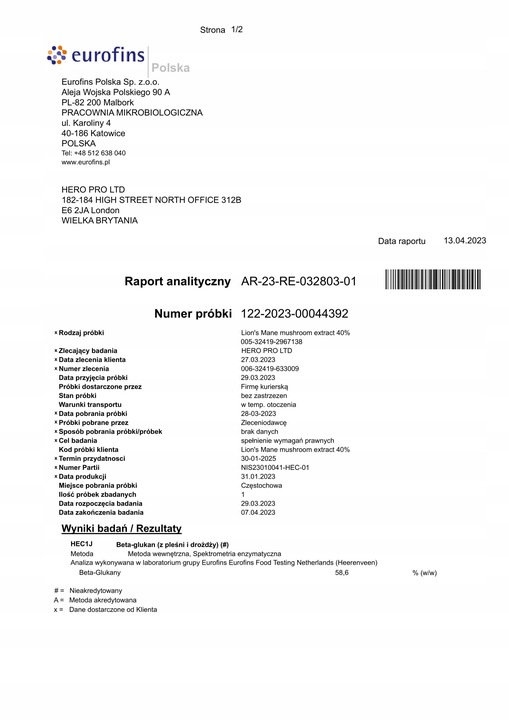 LION'S MANE SOPLÓWKA JEŻOWATA EKSTRAKT PAMIĘĆ 500mg DER 25:1 30g HIRO.LAB