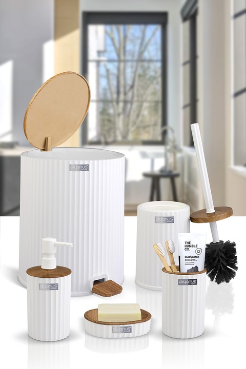 Zestaw łazienkowy 5 elementów Coliseum komplet do WC biały drewno kosz glam