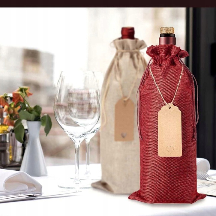 12X TORBY NA BUTELKI WINA ZE SZNURKIEM I PRZYWIESZKAMI TORBY JUTOWE