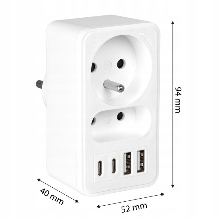 ROZGAŁĘŹNIK ELEKTRYCZNY 2 GNIAZDA ZŁODZIEJKA ŁADOWARKA 2x USB-C 2xUSB VAYOX