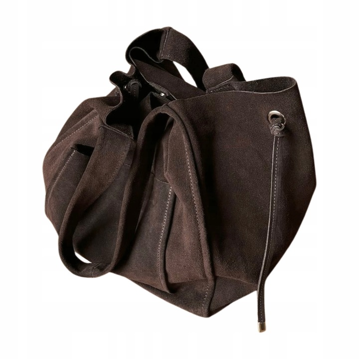 Czekoladowa zamszowa torebka shopper worek XL ZAMSZ NATURALNY Vera Pelle A4