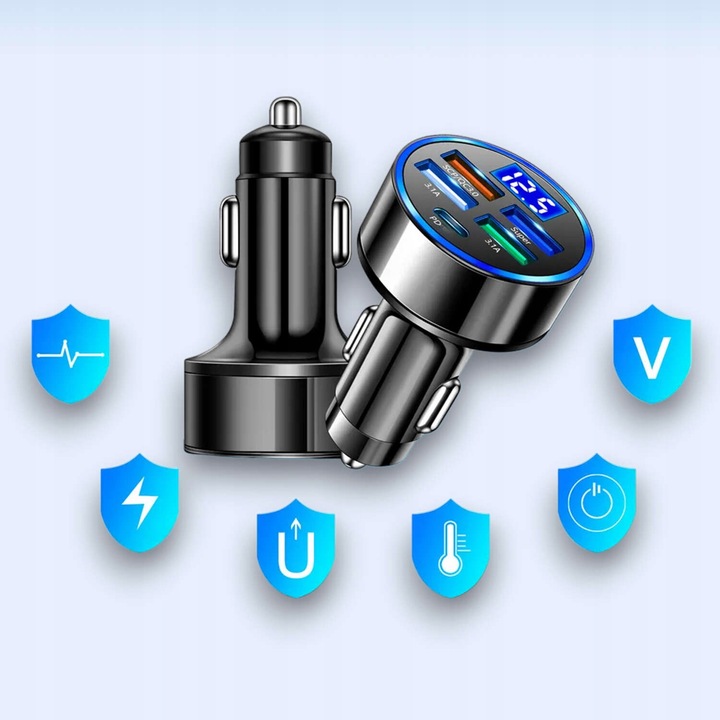 SZYBKA ŁADOWARKA SAMOCHODOWA 120W 4xUSB QC 3.0 + USB-C TYP C PD 20W CZARNA