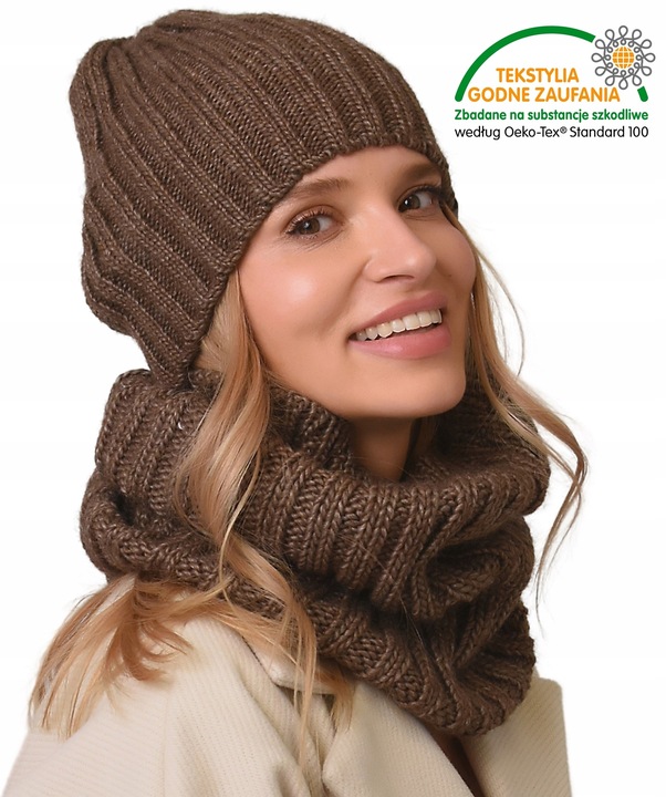 damski Komplet brązowyi zimowy CZAPKA Z KOMINEM ciepły ZESTAW polski Be4