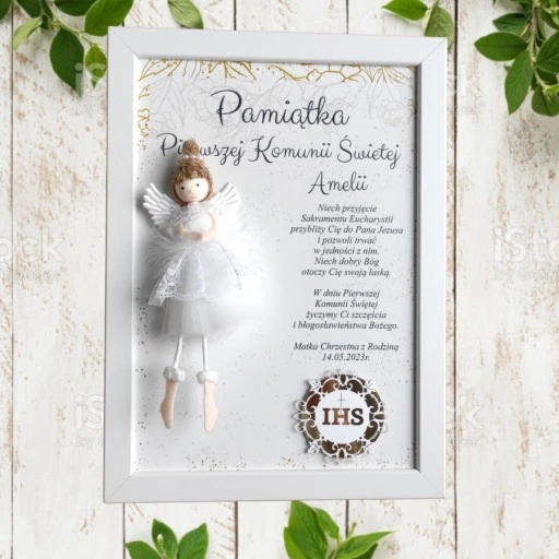 I Komunia Anioł Stróż obraz 3D upominek pamiątka od Chrzestnej Dziadków