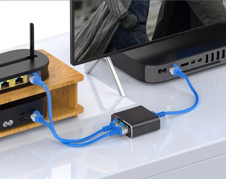 Adapter rozdzielacz mini Switch splitter LAN Ethernet RJ45 2xRJ45 1000M 1GB