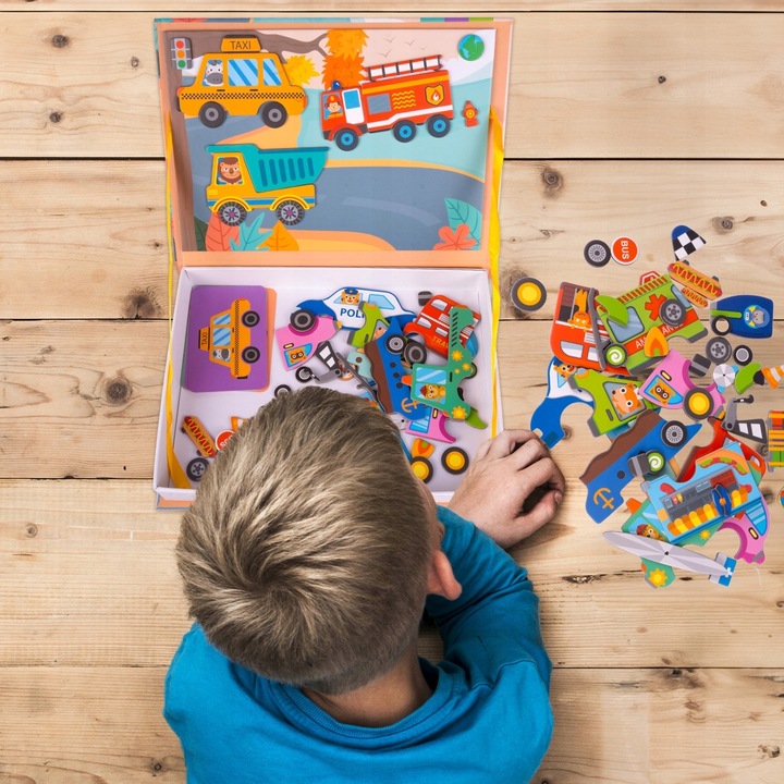 UKŁADANKA MAGNETYCZNA KSIĄŻECZKA PUZZLE POJAZDY 12 NA MAGNES 65 ELEMENTÓW