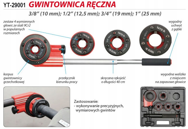 YATO GWINTOWNICA RĘCZNA Z SYSTEMEM GRZECHOTKOWYM DO RUR 4 GŁOWICE YT-29001