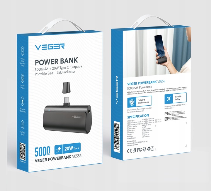 POWERBANK VEGER PlugOn 5000mAh PD 20W USB C mini mały lekki kieszonkowy