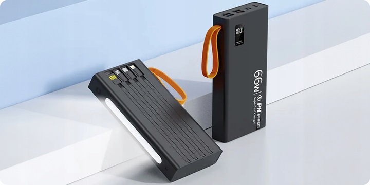 MOCNY POWERBANK 30000MAH 66W LATARKA LCD LED 4 USB USB-C + KABEL 3W1