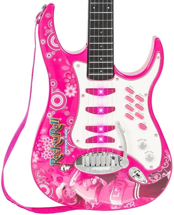 DUŻA GITARA ELEKTRYCZNA DLA DZIECI MIKROFON piecyk STATYW WZMACNIACZ RÓŻOWA