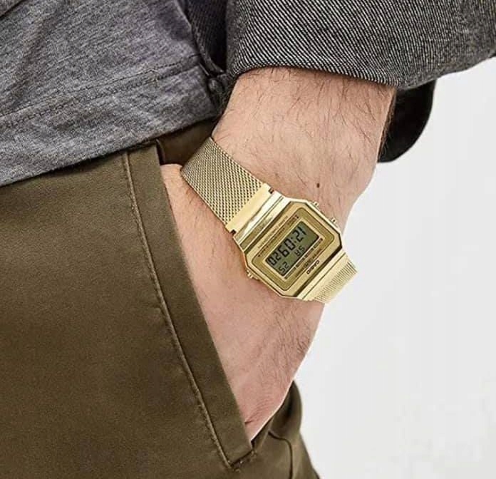MODNY ZŁOTY ZEGAREK CASIO VINTAGE DIGITAL A700WEMG-9AEF RETRO GOLD MESH