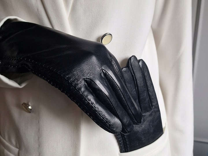 RĘKAWICZKI SKÓRZANE DAMSKIE OCIEPLANE SKÓRA CIELĘCA CZARNE NA JESIEŃ ZIMĘ