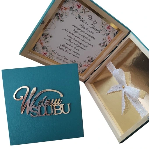 Pudełko ala koperta na pieniądze Prezent ŚLUB ślubny szmaragd pamiątka