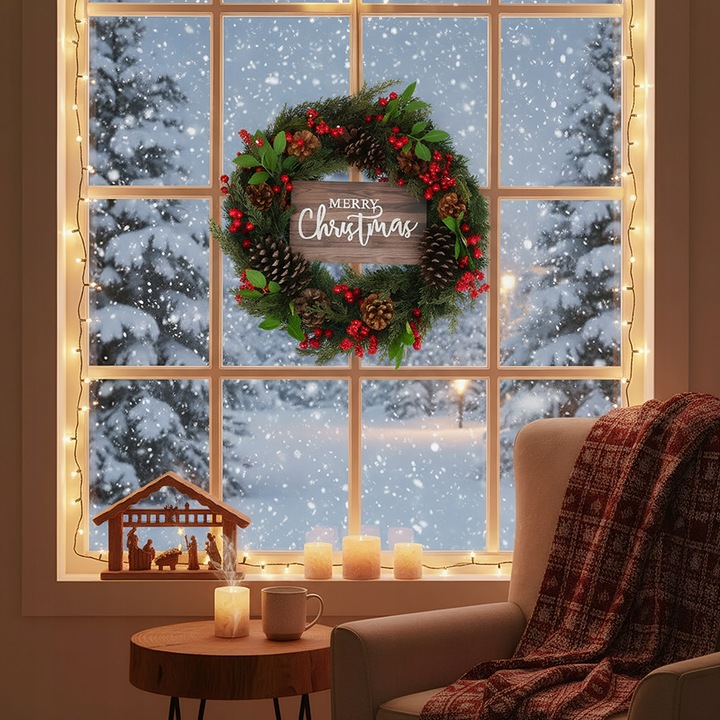 WIANEK WIENIEC DEKORACYJNY ŚWIĄTECZNY OZDOBA NA DRZWI STROIK CZERWONY 50CM