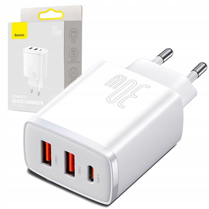 BASEUS SZYBKA ŁADOWARKA SIECIOWA KOSTKA 2x USB USB C 30W MOCNY ZASILACZ 3A