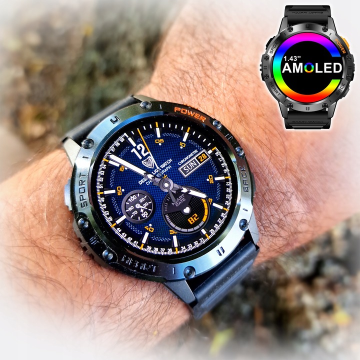 Zegarek Męski Smartwatch AMOLED IP68 530mAh Pomiary Rozmowy SMS Latarka PL