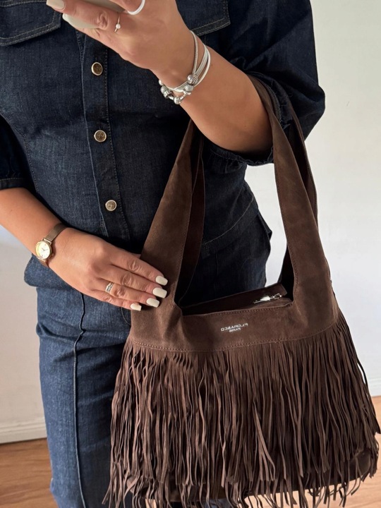 Torba Flora&Co torebka frędzle worek zamsz zamszowa eco brązowa czekoladowy