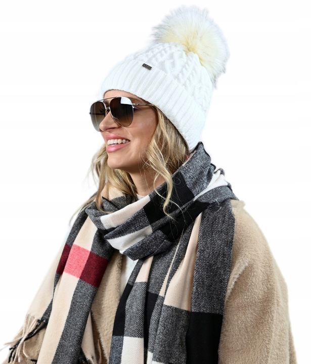 Czapka Damska Z Pomponem Zimowa kremowa Ciepła czapka z polarem PL - ECRU