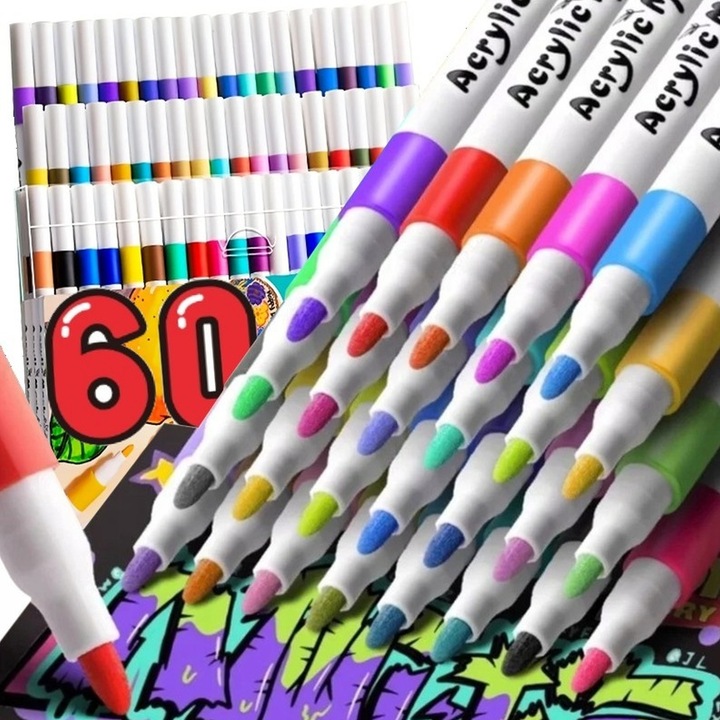 MARKERY AKRYLOWE Pisaki Flamastry Mazaki WODOODPORNE Z FARBĄ ZESTAW 60 SZT