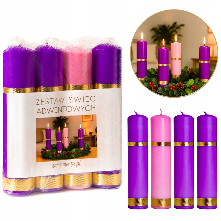 ŚWIECE ADWENTOWE ZESTAW ŚWIEC ADWENTOWYCH komplet do 3x fiolet 1x róż 25 cm