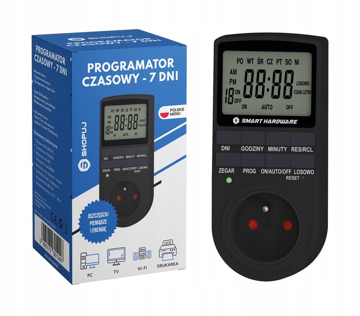 PROGRAMATOR CZASOWY WŁĄCZNIK WYŁĄCZNIK LCD CYFROWY HARMONOGRAM 7 DNI POLSKI