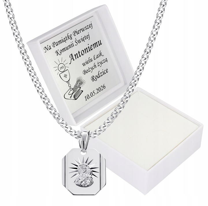 Medalik Komunijny Łańcuszek Srebrny Matka Boska do Komunii Chrztu Srebro
