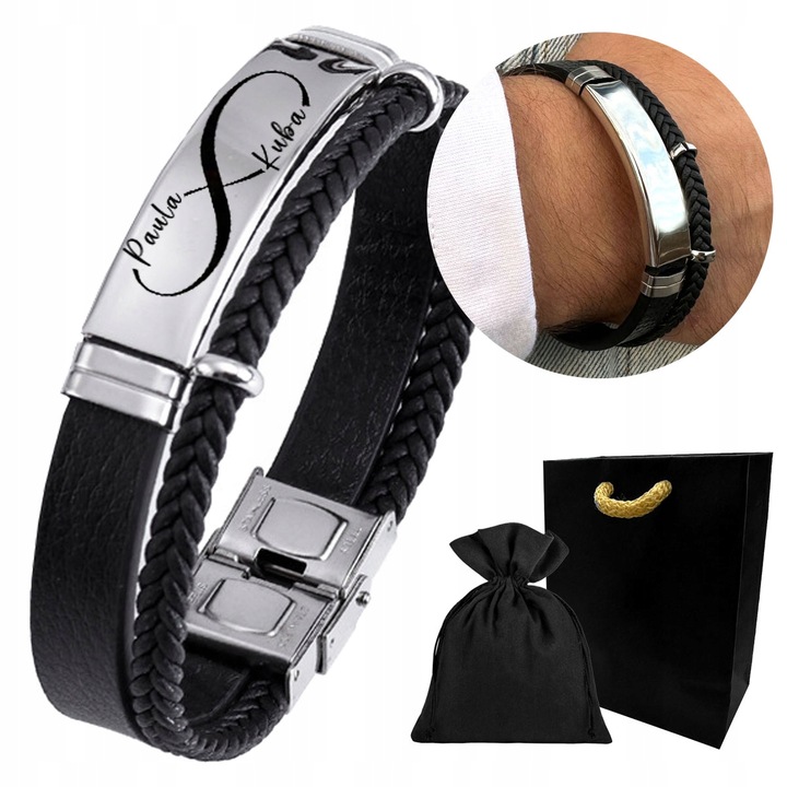 Bransoletka męska SKÓRZANA z GRAWEREM srebrna STAL prezent + GRAWER GRATIS