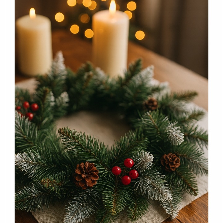 WIENIEC ŚWIĄTECZNY STROIK NA ŚWIĘTA Z OZDOBAMI JARZĘBINA SZYSZKA gęsty XXL