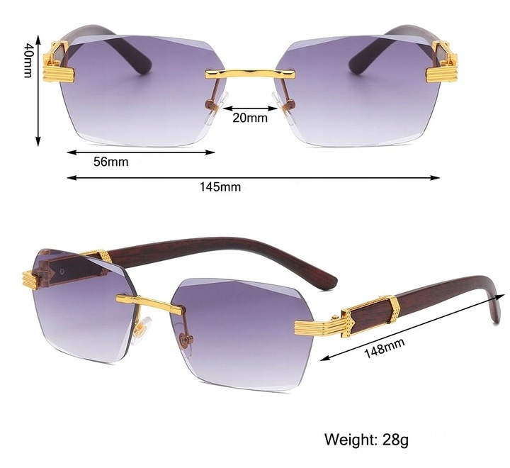 Okulary Przeciwsłoneczne bezramkowe prostokątne Damskie męskie UV400 Brąz