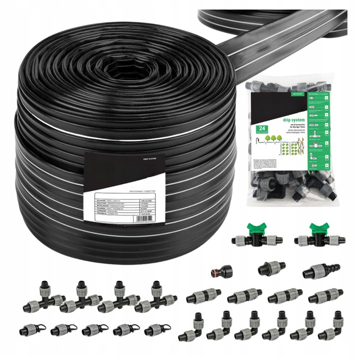 Taśma kroplująca + akcesoria 24 el. NAWADNIANIE KROPELKOWE wąż przewód 100m