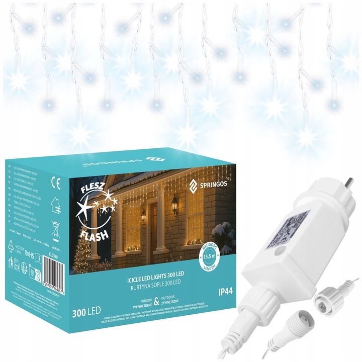 LAMPKI SOPLE CHOINKOWE 300LED KURTYNA ŚWIETLNA FLASH LED ZEWNĘTRZNY TIMER