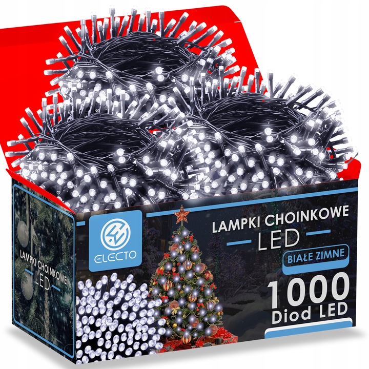 LAMPKI CHOINKOWE 1000 LED BIAŁE ZIMNE IP44 68 M 8 TRYBÓW NA CHOINKĘ