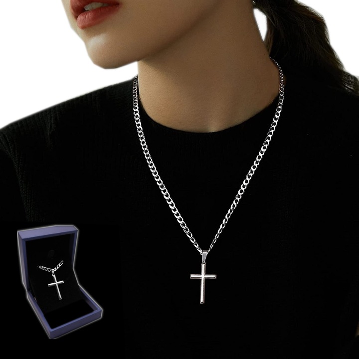 Krzyżyk z Łańcuszkiem SREBRNY Damski Krzyż Naszyjnik Diamentowany WŁOSKI