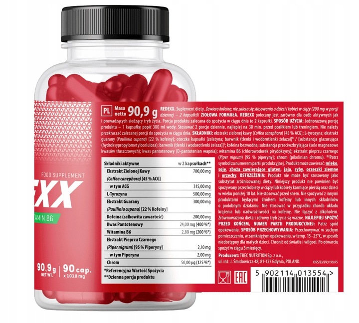 Trec Redexx 90 caps. Spalacz Tłuszczu Zielona Kawa Guarana Kofeina