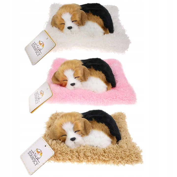 REALISTYCZNY ŚPIĄCY PIESEK NA PODUSZCE JAK ŻYWY figurka DŹWIĘK BEAGLE