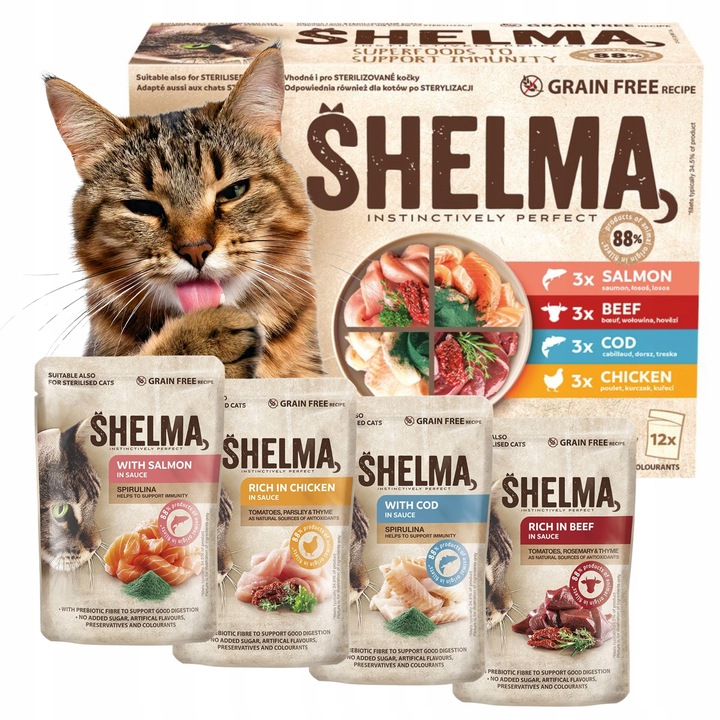 SHELMA MOKRA KARMA FILECIKI ŁOSOŚ DORSZ WOŁOWINA KURCZAK DLA KOTA 48X85G