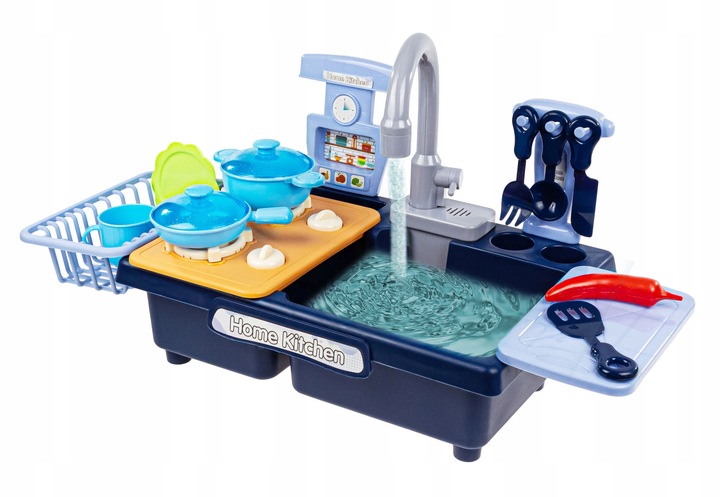 KUCHNIA ZLEW Z WODĄ DLA DZIECI KRAN NA BATERIE PALNIKI AKCESORIA WARZYWA