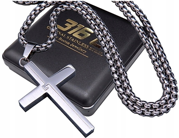 SREBRNY ŁAŃCUSZEK Z KRZYŻYKIEM STAL CHIRURGICZNA 316L SPLOT KRÓLEWSKI 60CM