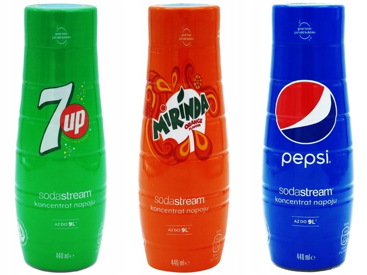 3x SYROP SODASTREAM KONCENTRAT 7UP MIRINDA PEPSI 9L NAPOJU z 440ml