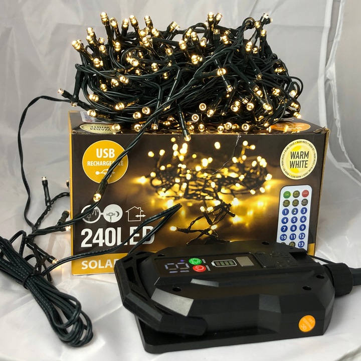 Lampki choinkowe 2w1 SOLARNE + AKUMULATOR 240 LED ciepłe 13 programów 11m