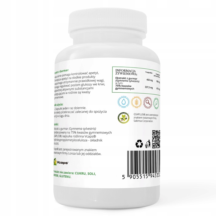 Gurmar GS4 75% kwasów gymnemowych ODCHUDZANIE, CUKIER, APETYT 90 kapsułki