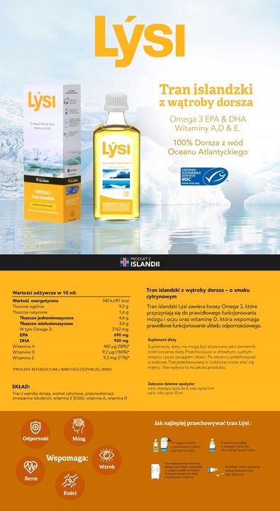 Lysi TRAN ISLANDZKI CYTRYNOWY z WĄTROBY DORSZA DHA EPA 240ml