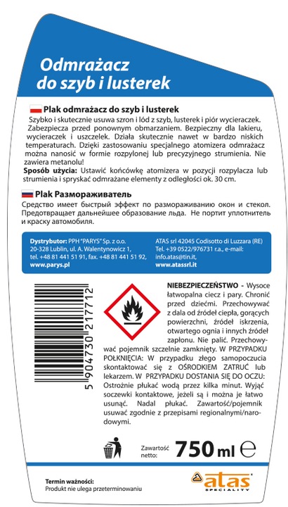 4x MOCNY odmrażacz do szyb w atomizerze PLAK 750ml